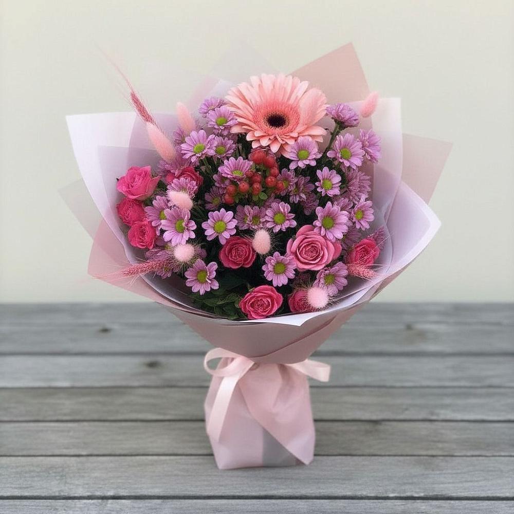 Букет цветов из: Розы, Герберы и Хризантемы в Нижнеподкумском