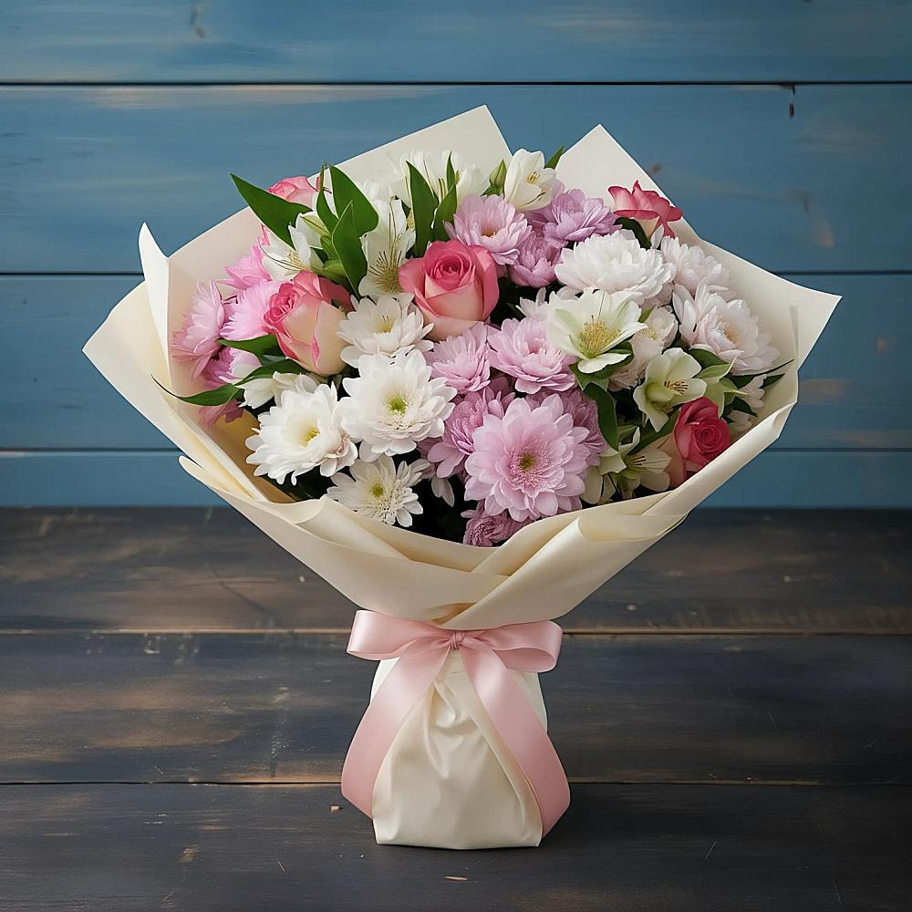 Букет цветов из: Хризантемы, Альстромерии и Розы в Нижнеподкумском